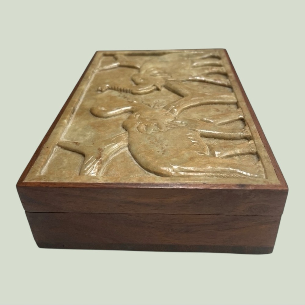 Vintage Elephant Jewelry Box Hand Carved Stone & Wood Trinket Box, boho decor - Picture 2 of 13